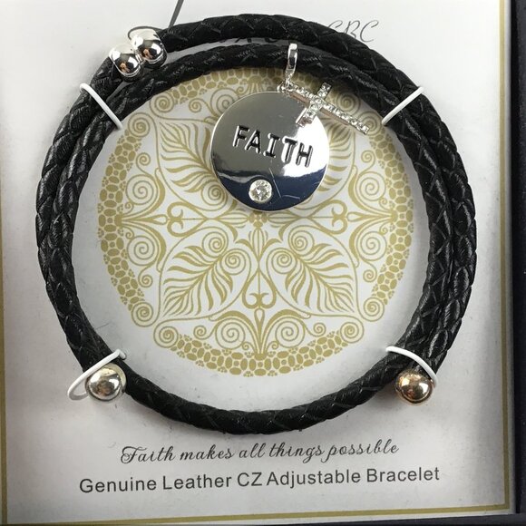 LUXE by CBC Genuine Leather Coil Wrap Bracelet With Cubic Zirconia "FAITH" - Picture 1 of 6